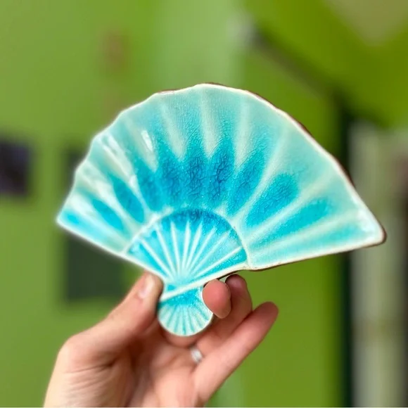 Vintage Teal Glass Ceramic Oriental Fan Dish Decorative Home Accent - Picture 2 of 6